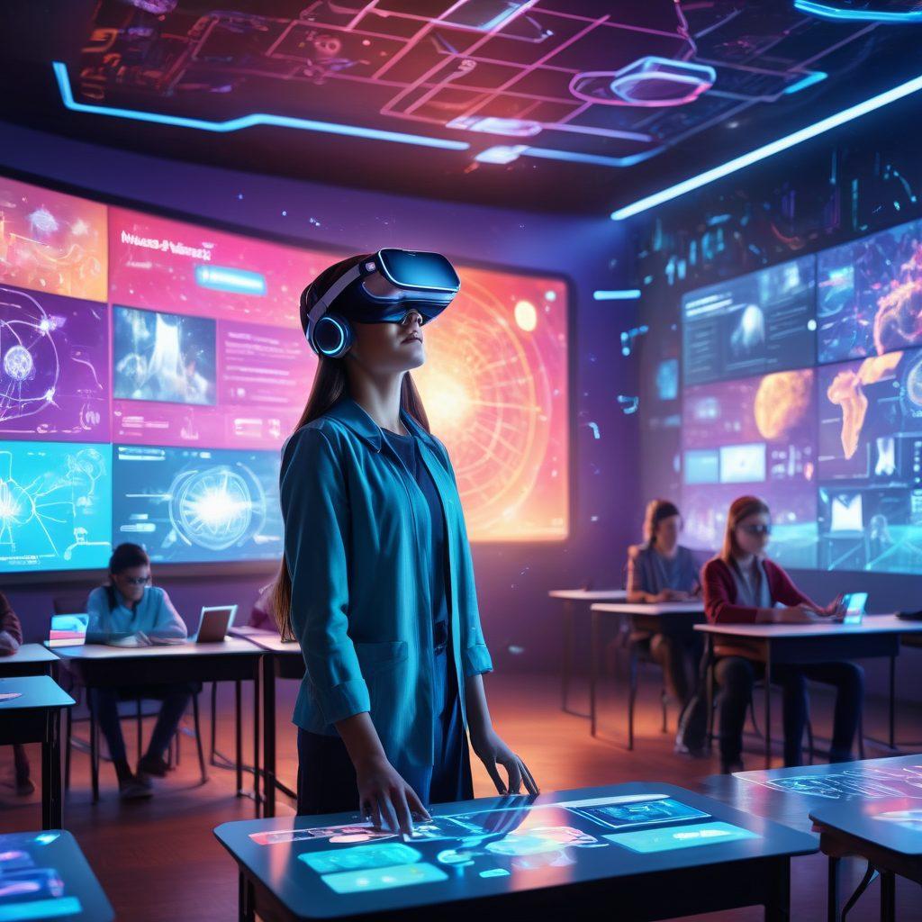 A futuristic classroom scene with students attending classes via holographic devices and virtual reality headsets, with diverse, engaged learners connecting from around the world. Include a teacher guiding from a high-tech dashboard, surrounded by dynamic educational graphics. futuristic, vibrant colors, digital art, immersive.