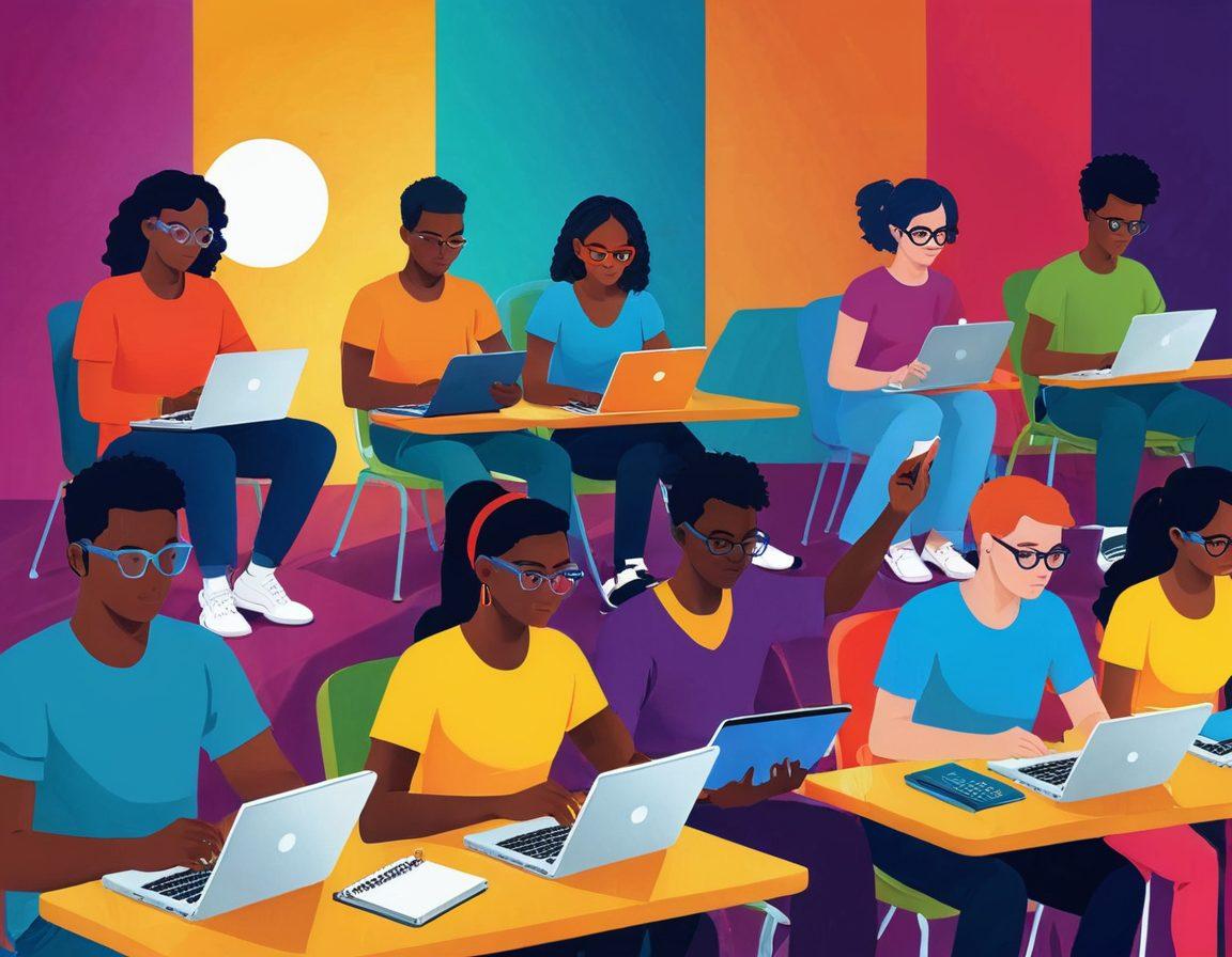 A diverse group of students engaging with online courses on various devices like laptops, tablets, and smartphones, surrounded by virtual classrooms, e-books, and collaborative digital tools, symbolizing global connectivity and interactive learning. vibrant colors. modern vector art.
