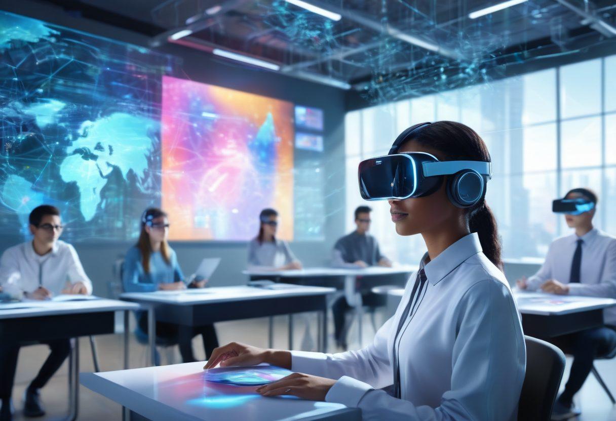 A futuristic classroom with students engaging through holographic devices and virtual reality headsets, with a digital university campus in the background. Illustrate diverse students connected by a web of data streams, symbolizing global connectivity. Bright, modern aesthetics. 3D. vibrant colors.
